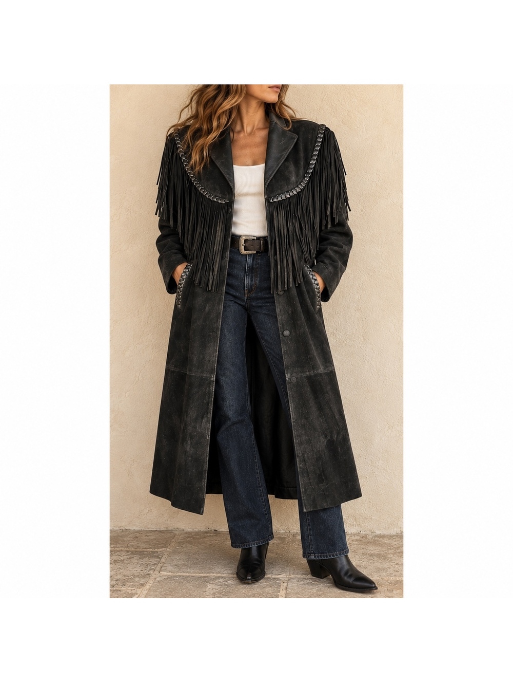 Vintage Black Suede Fringe Western Duster Coat Genuine Leather Maxi